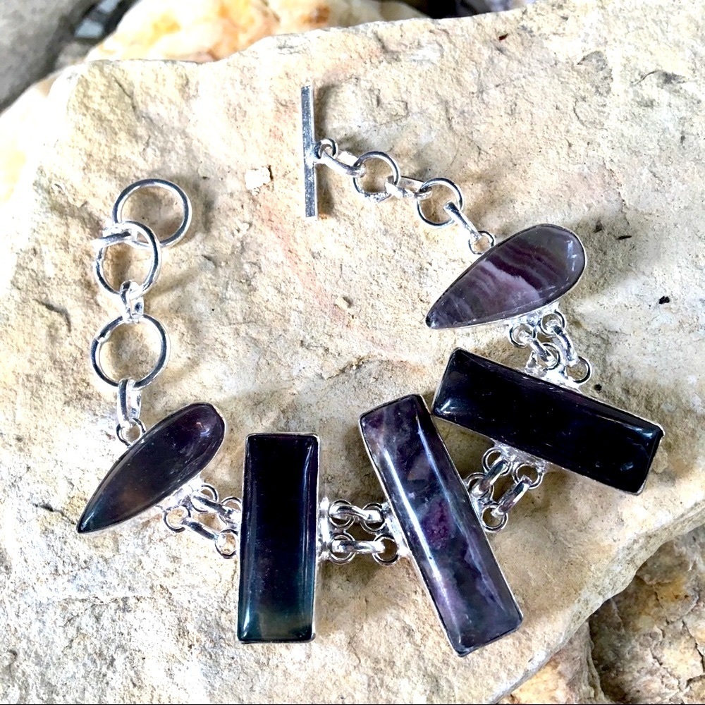 Rainbow Fluorite Bold Rectangular Link Bracelet N… - image 5